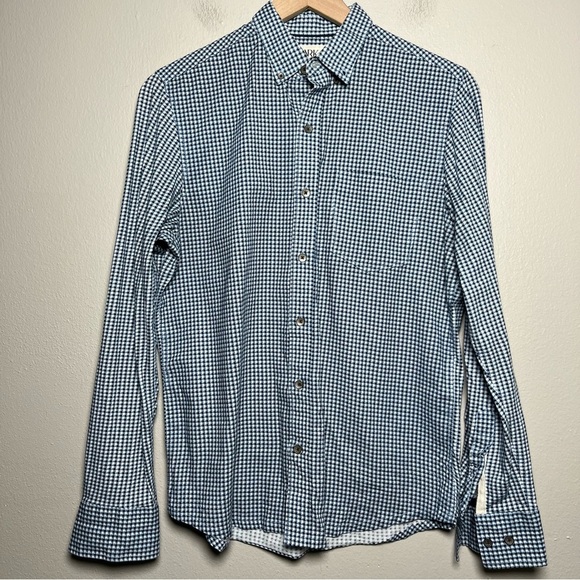 WRK Men Shirt Small Blue Gingham Plaid Geometric Long Sleeve Reworked Pocket - Picture 1 of 10